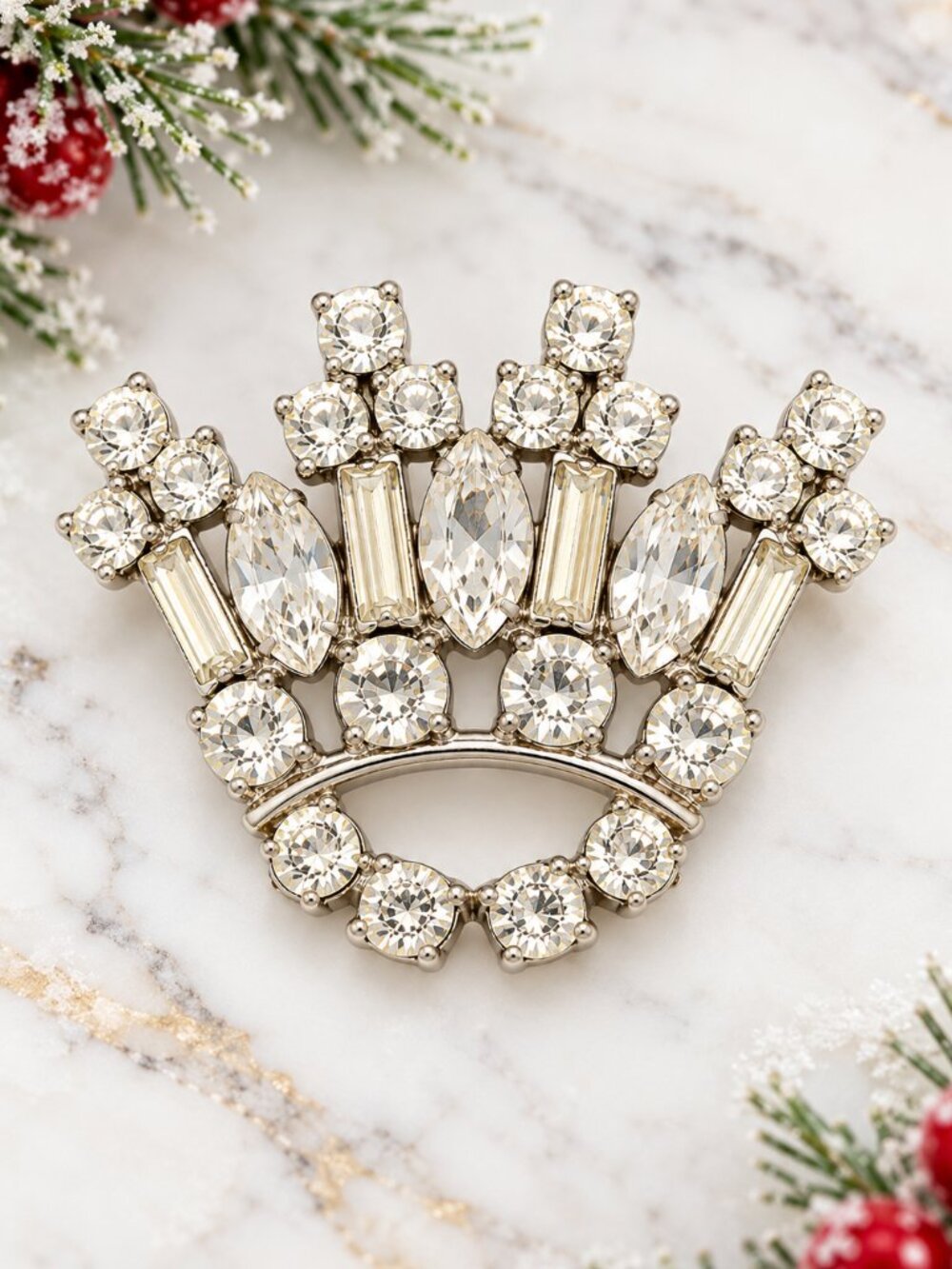 Kramer Sterling Rhinestone Crown Brooch